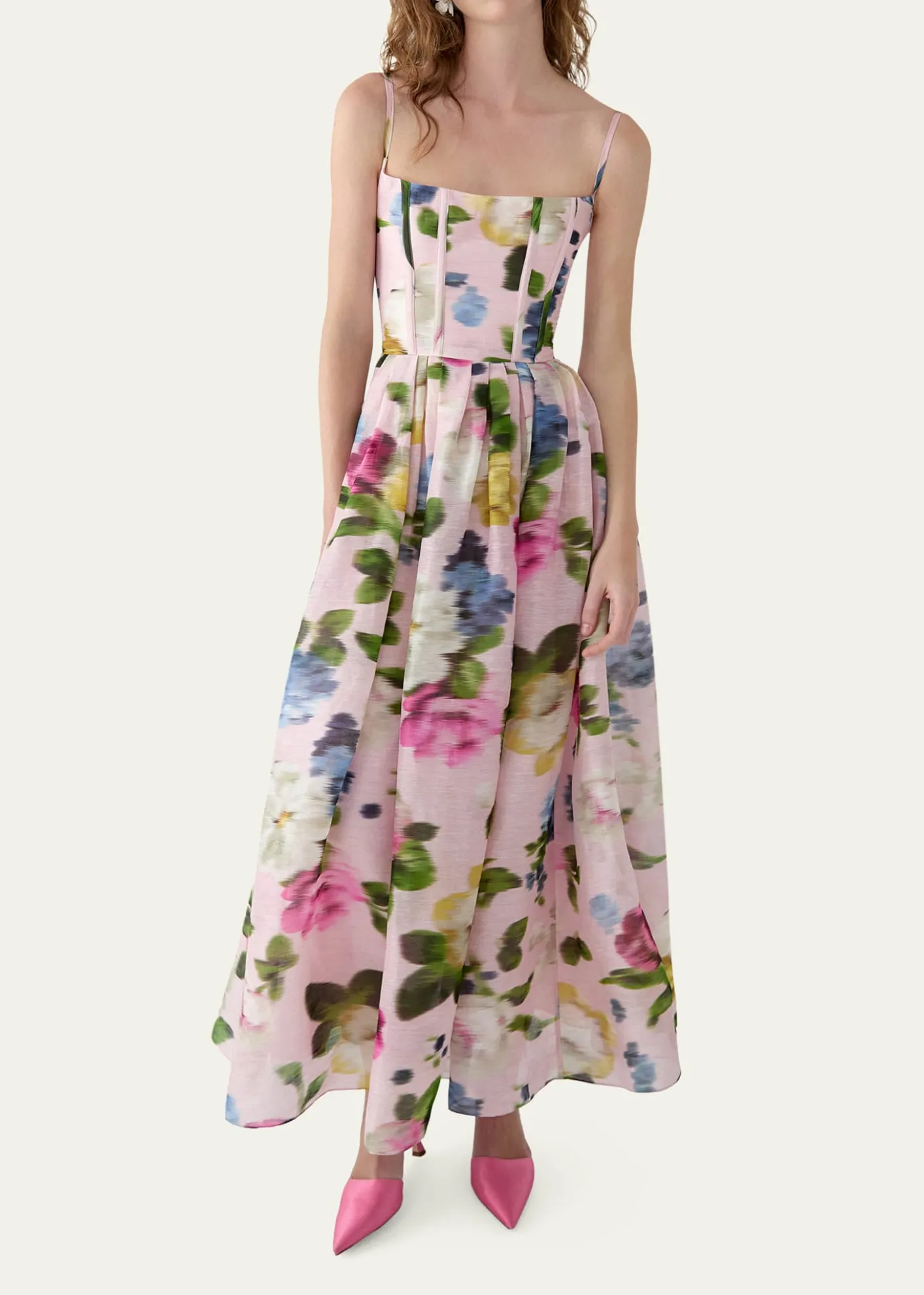 Carolina HerreraFloral Silk Faille Sleeveless Corset Midi Dress