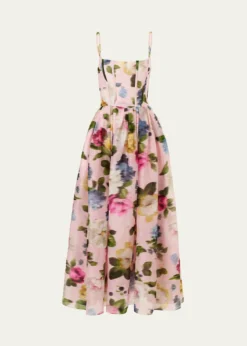 Carolina HerreraFloral Silk Faille Sleeveless Corset Midi Dress