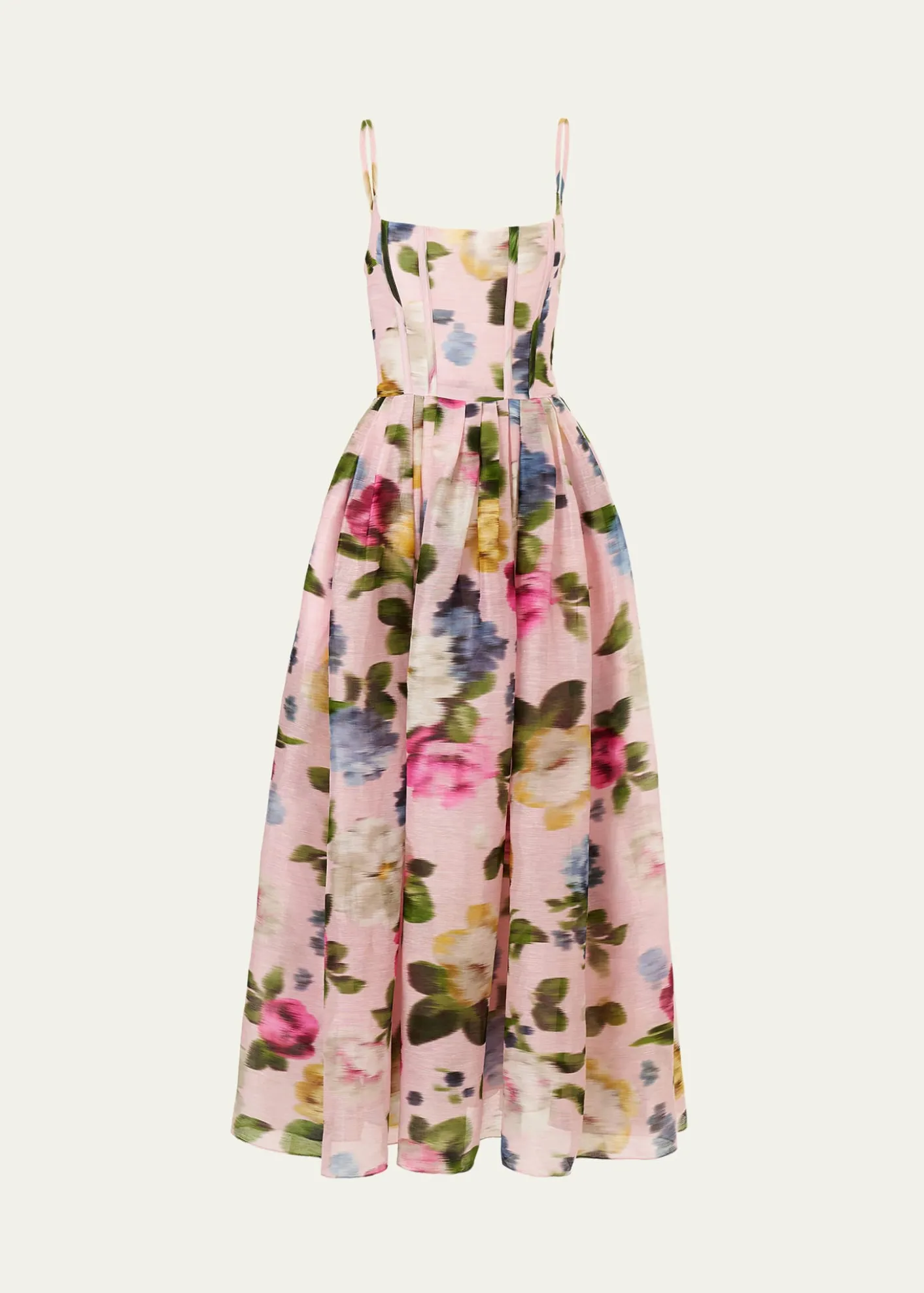 Carolina HerreraFloral Silk Faille Sleeveless Corset Midi Dress