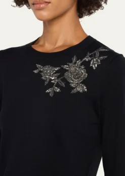Carolina HerreraFlower Beaded Silk-Cotton Crewneck Sweater