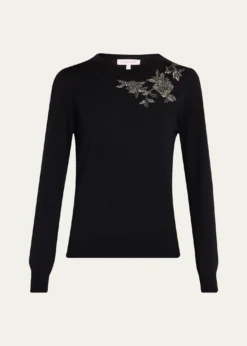 Carolina HerreraFlower Beaded Silk-Cotton Crewneck Sweater