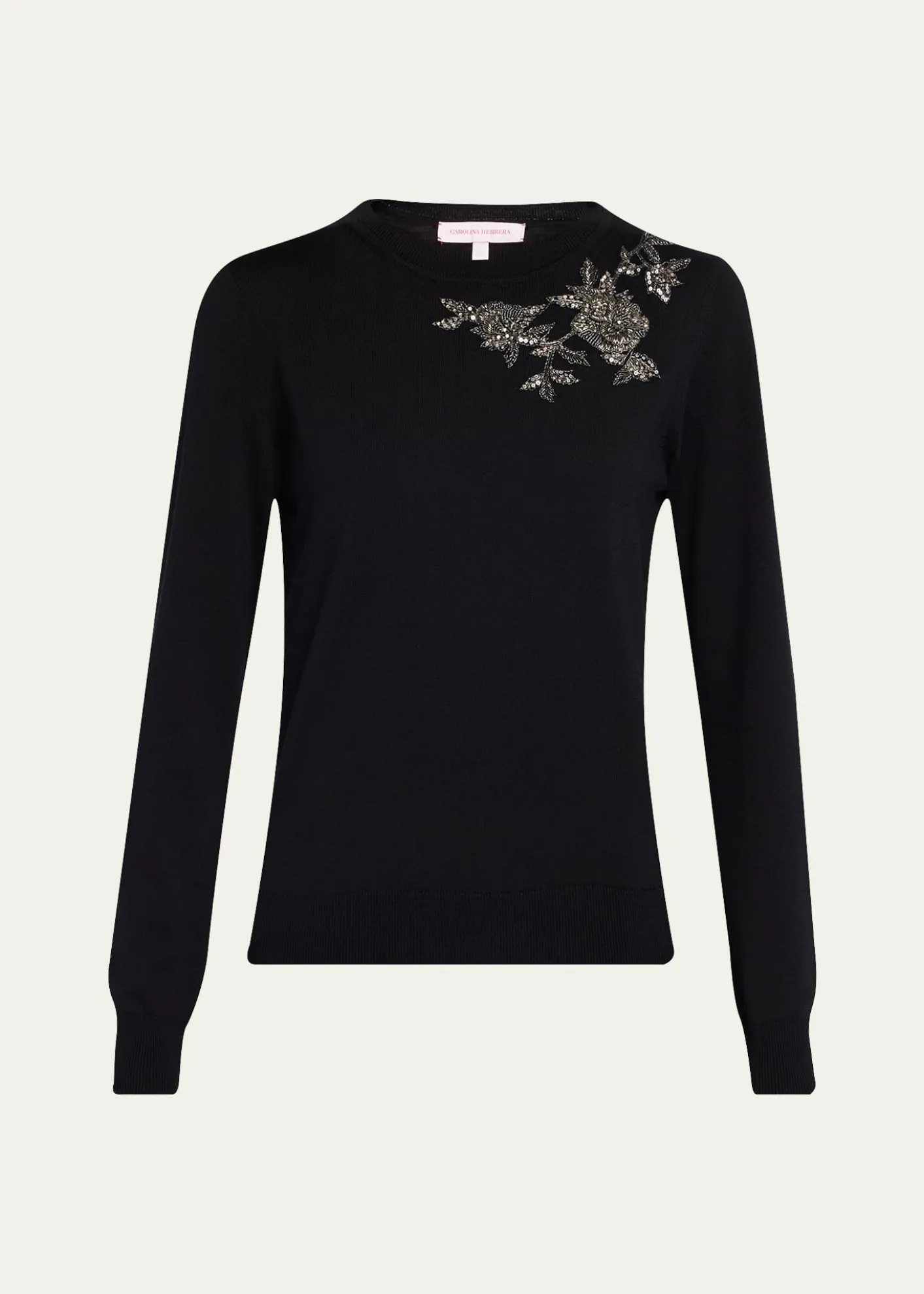 Carolina HerreraFlower Beaded Silk-Cotton Crewneck Sweater