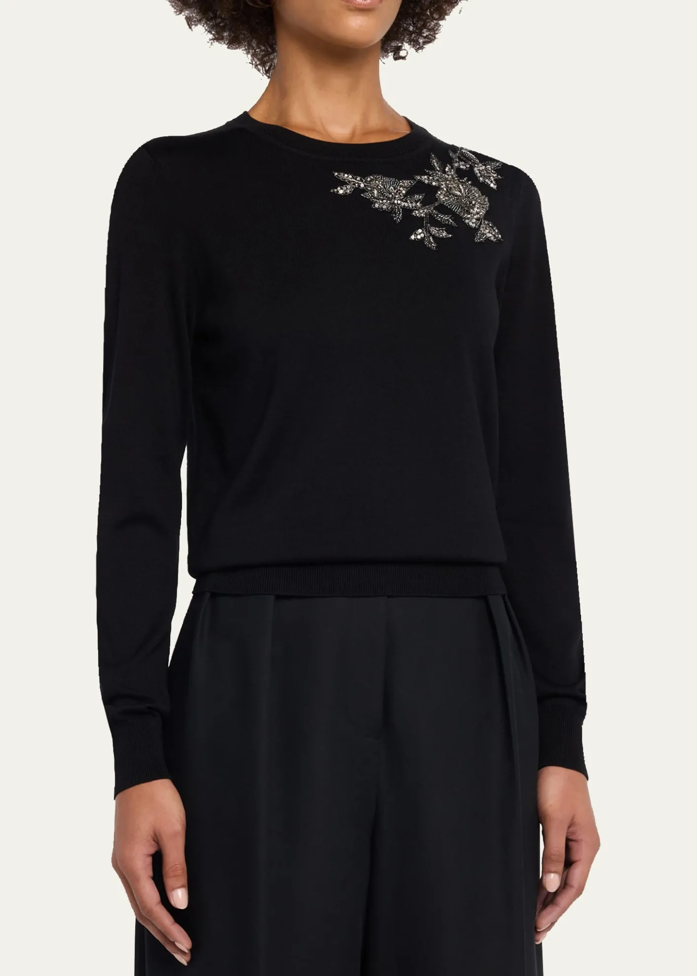 Carolina HerreraFlower Beaded Silk-Cotton Crewneck Sweater