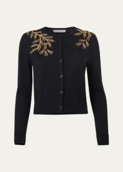 Carolina HerreraGold Leaf-Embroidered Silk Cotton Cardigan