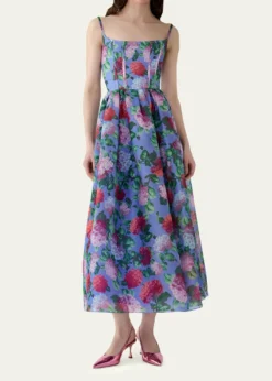 Carolina HerreraHydrangea-Print Silk Organza Fit-and-Flare Midi Dress