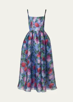 Carolina HerreraHydrangea-Print Silk Organza Fit-and-Flare Midi Dress