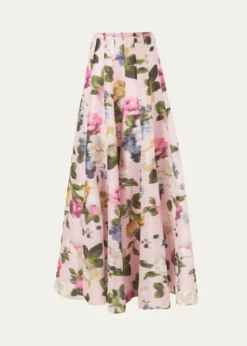 Carolina HerreraIris Floral Silk-Linen Faille Wide-Leg Skirt Pants