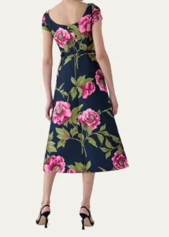 Carolina HerreraMetallic Floral Jacquard Short-Sleeve Belted Midi Dress