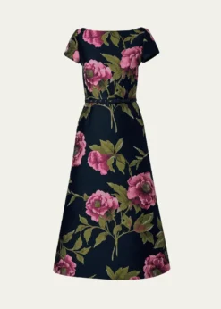 Carolina HerreraMetallic Floral Jacquard Short-Sleeve Belted Midi Dress