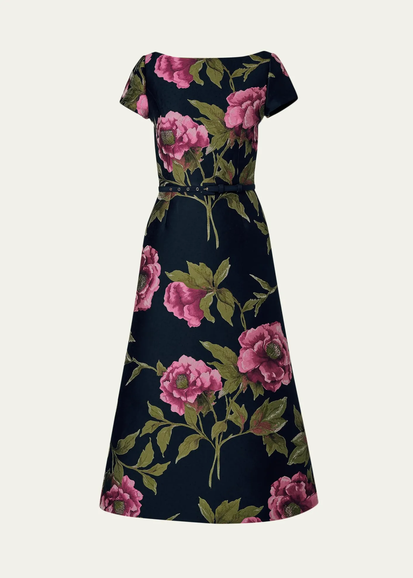 Carolina HerreraMetallic Floral Jacquard Short-Sleeve Belted Midi Dress