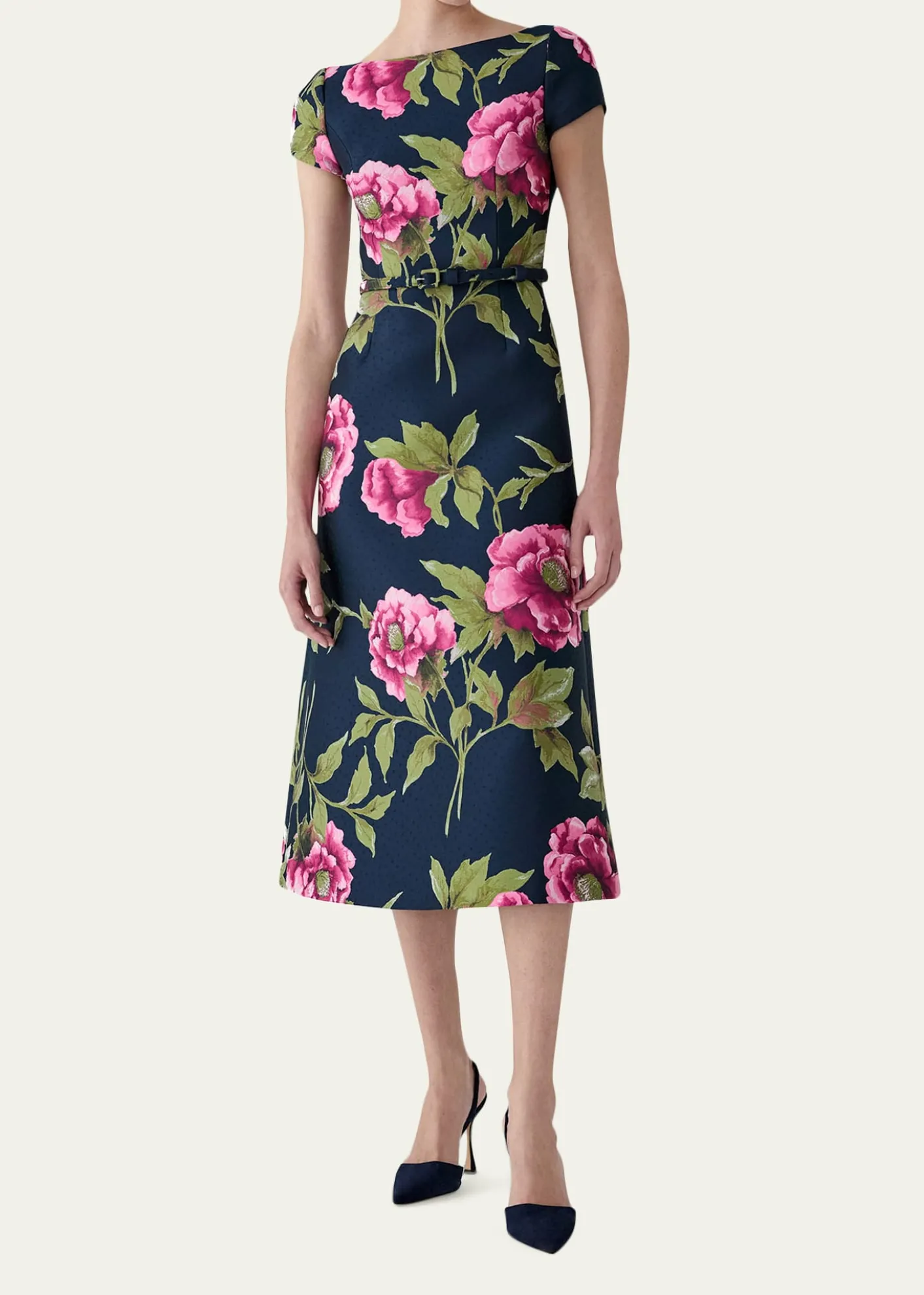 Carolina HerreraMetallic Floral Jacquard Short-Sleeve Belted Midi Dress