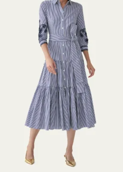 Carolina HerreraPaisley Embroidered 3/4-Sleeve Tiered Midi Shirtdress