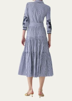 Carolina HerreraPaisley Embroidered 3/4-Sleeve Tiered Midi Shirtdress