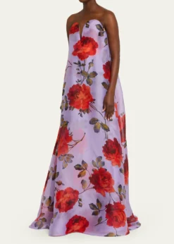 Carolina HerreraPlunging Strapless Rosette-Print Silk Chiffon Gown