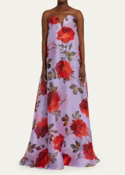 Carolina HerreraPlunging Strapless Rosette-Print Silk Chiffon Gown