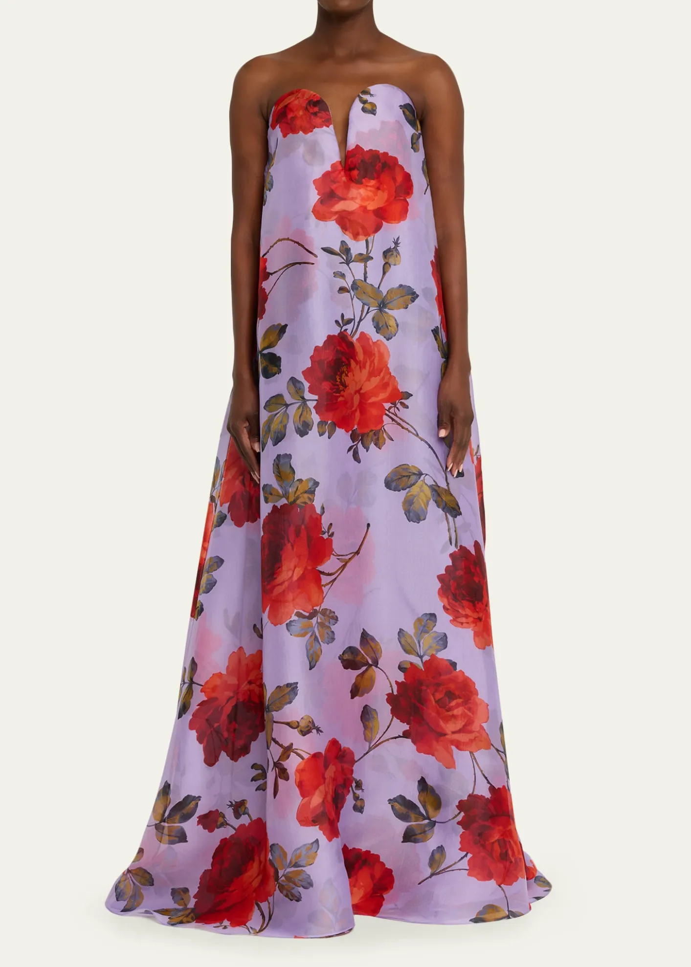 Carolina HerreraPlunging Strapless Rosette-Print Silk Chiffon Gown