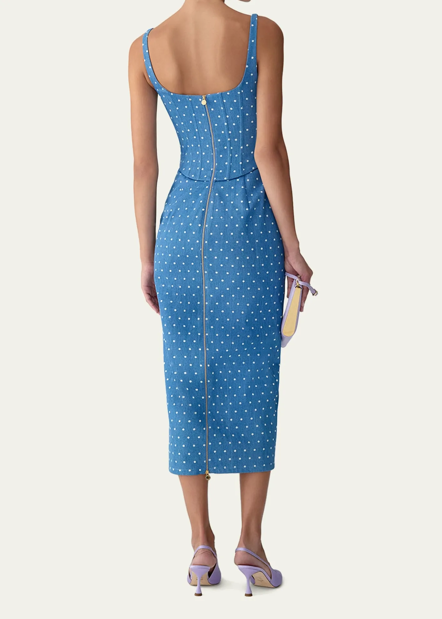 Carolina HerreraPolka-Dot Denim Corset Midi Dress