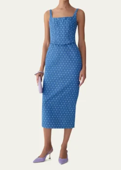 Carolina HerreraPolka-Dot Denim Corset Midi Dress