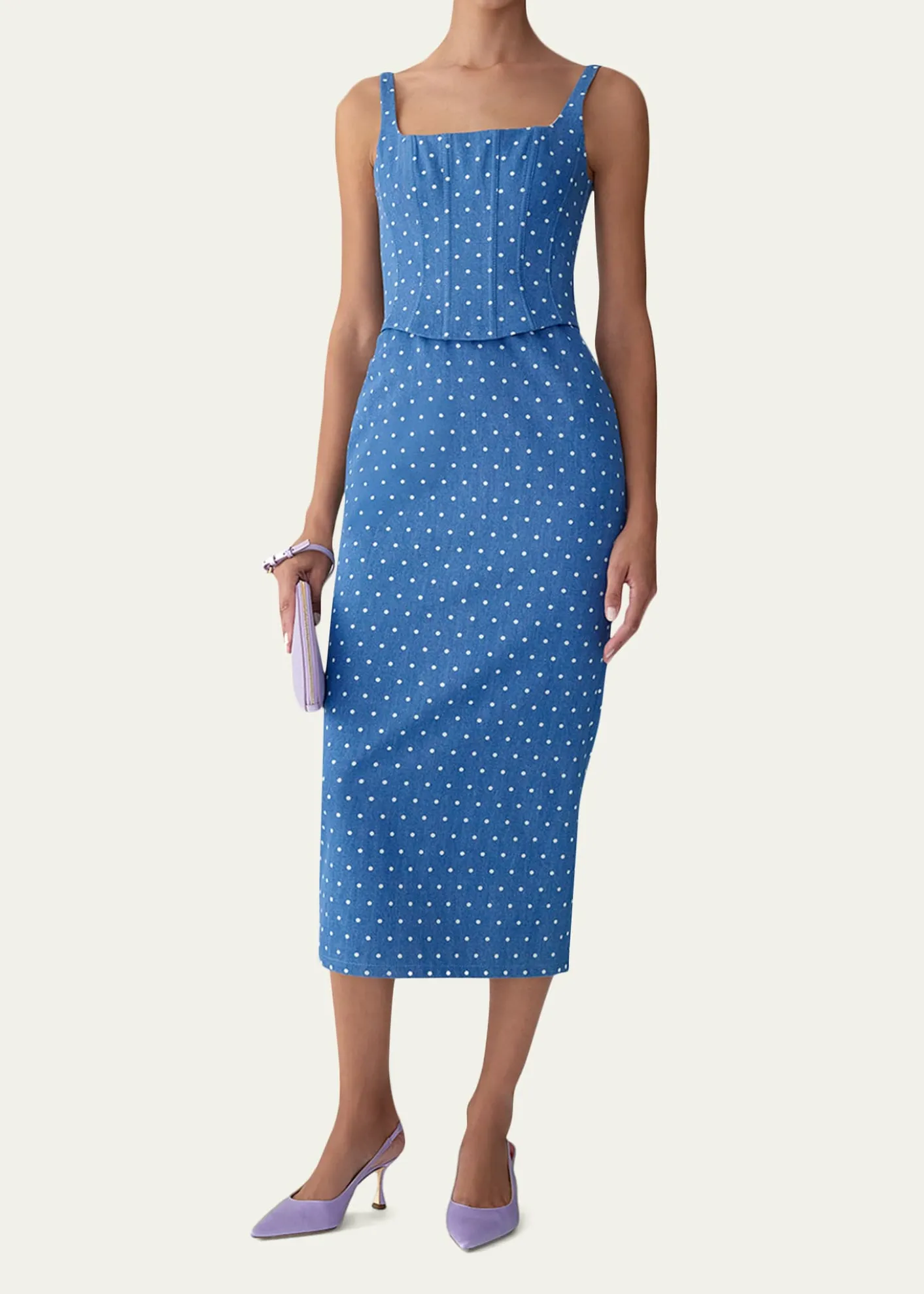 Carolina HerreraPolka-Dot Denim Corset Midi Dress