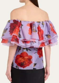 Carolina HerreraRose Chiffon Off-The-Shoulder Ruffle Top