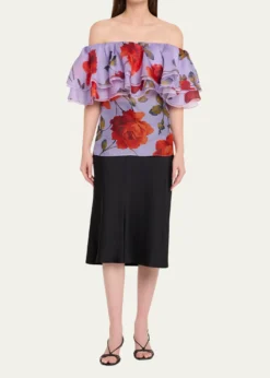 Carolina HerreraRose Chiffon Off-The-Shoulder Ruffle Top