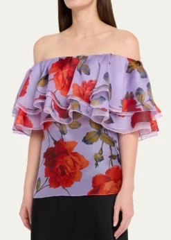 Carolina HerreraRose Chiffon Off-The-Shoulder Ruffle Top