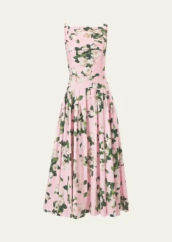 Carolina HerreraRose-Print Pleated Drop-Waist Midi Dress