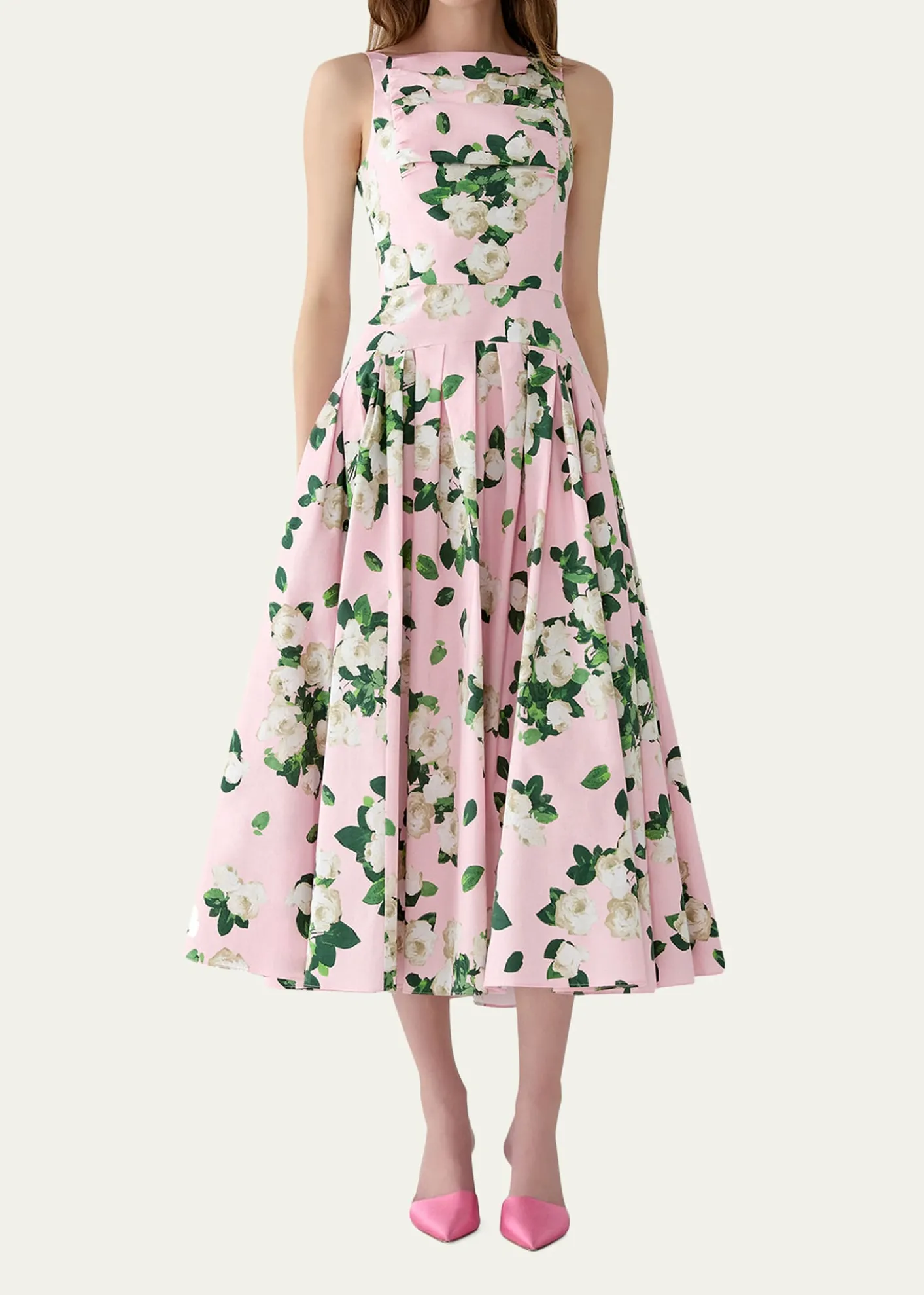 Carolina HerreraRose-Print Pleated Drop-Waist Midi Dress