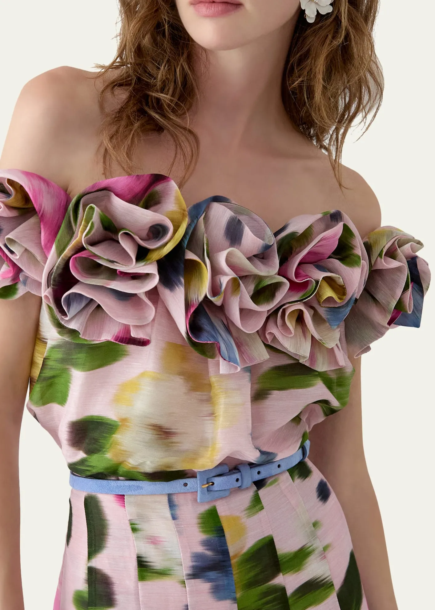 Carolina HerreraRosette Off-The-Shoulder Floral Silk Blouse