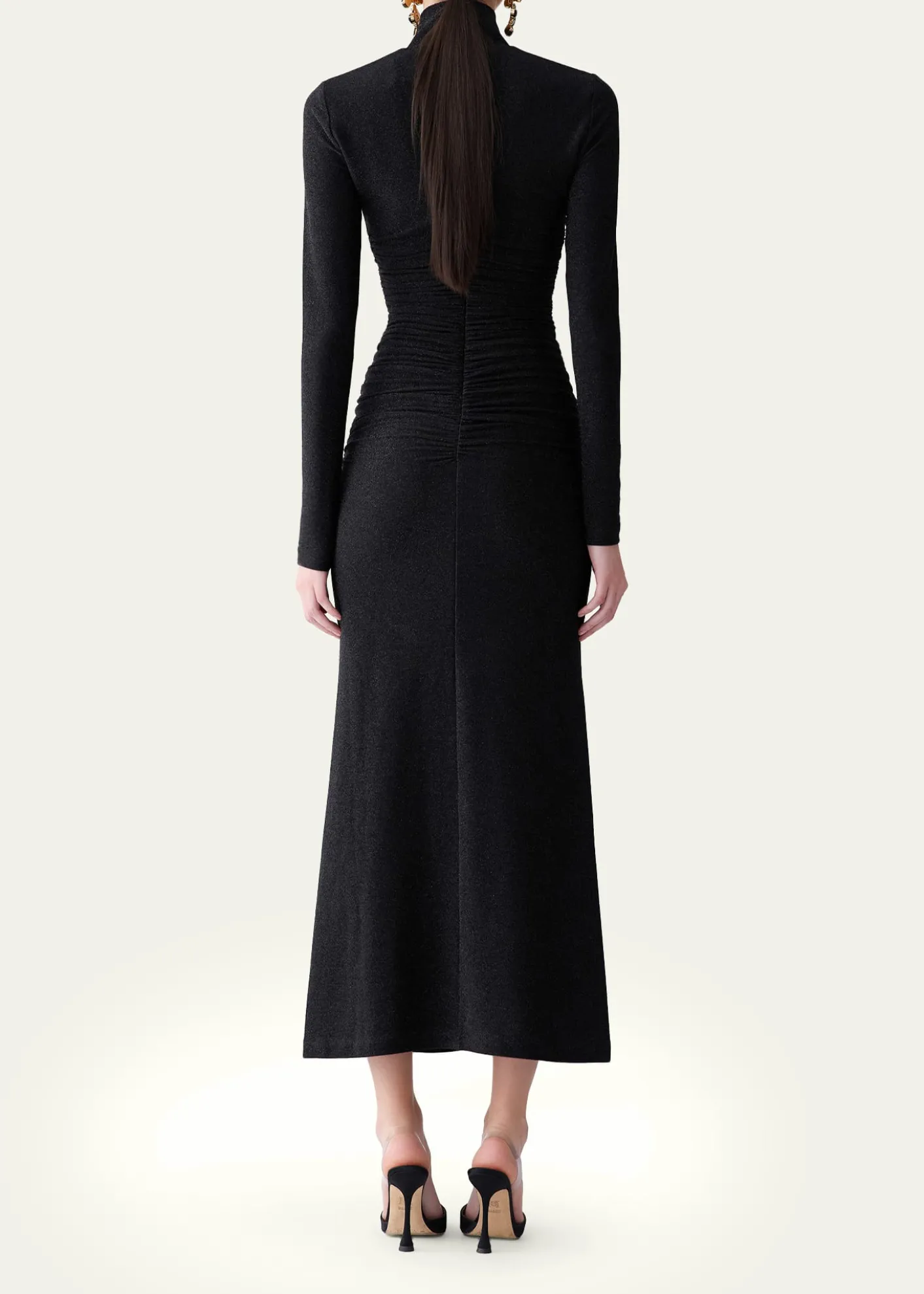 Carolina HerreraRuched Shimmer-Knit Turtleneck Midi Dress