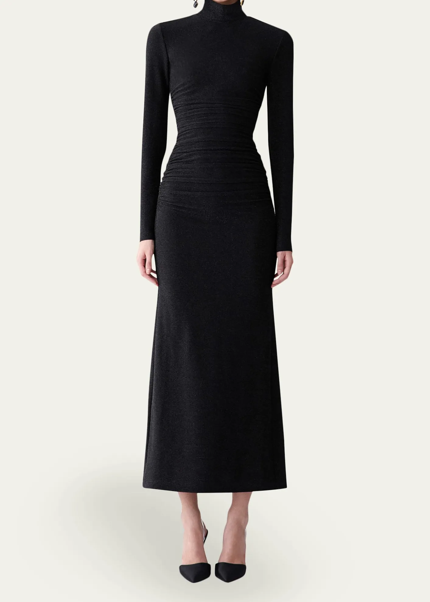 Carolina HerreraRuched Shimmer-Knit Turtleneck Midi Dress