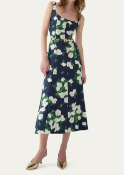 Carolina HerreraSleeveless Square-Neck Rose-Print Paneled Midi Dress