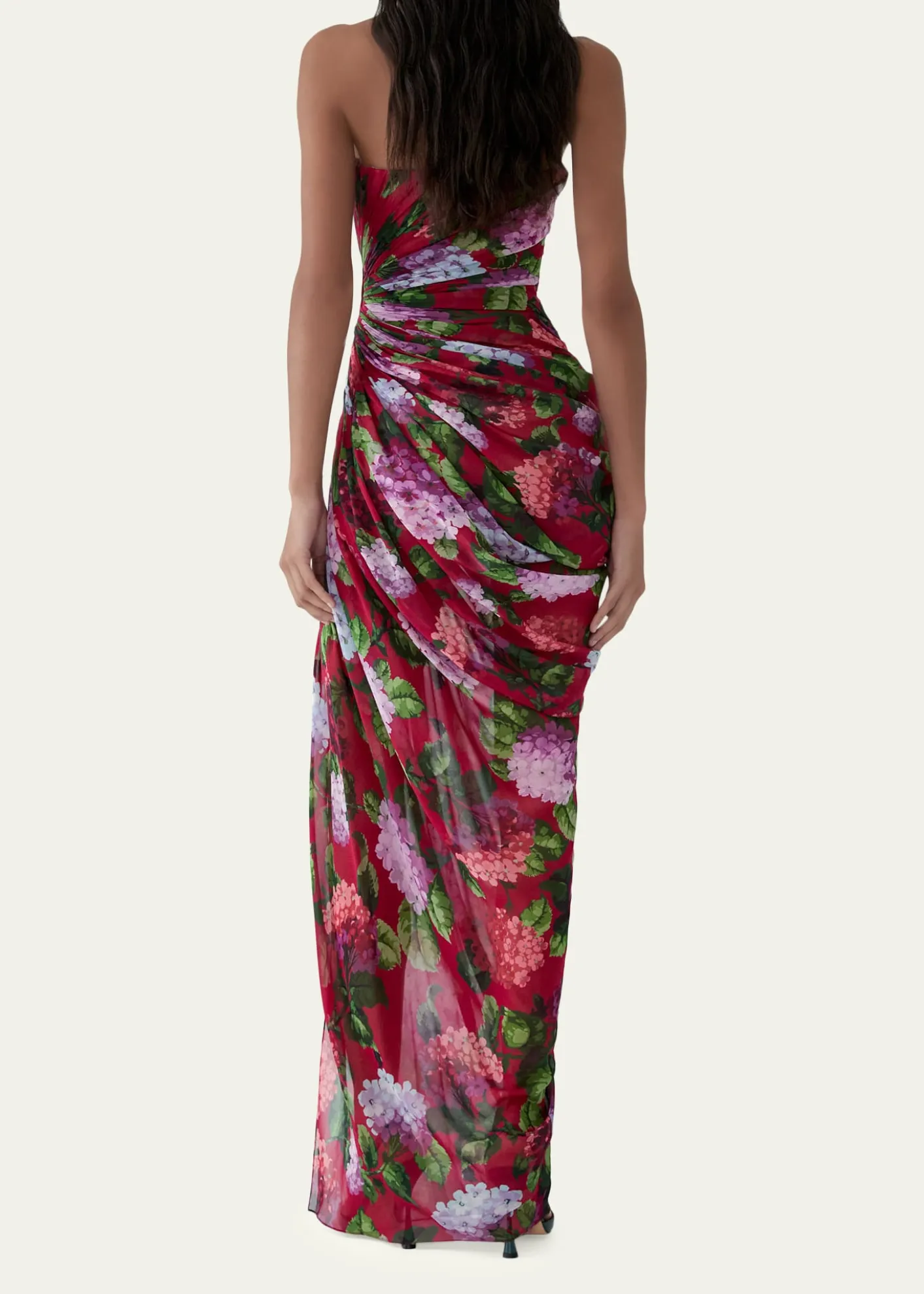 Carolina HerreraStrapless Floral Silk Chiffon Draped Slit Gown