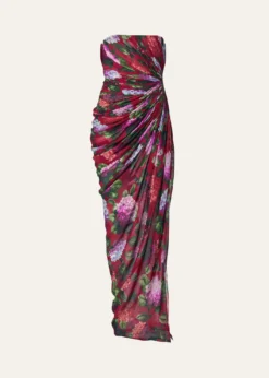 Carolina HerreraStrapless Floral Silk Chiffon Draped Slit Gown