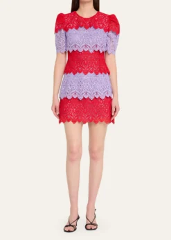Carolina HerreraTiered Colorblock Lace Short-Sleeve Mini Dress