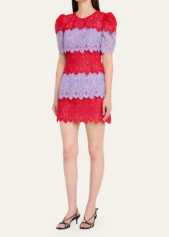 Carolina HerreraTiered Colorblock Lace Short-Sleeve Mini Dress