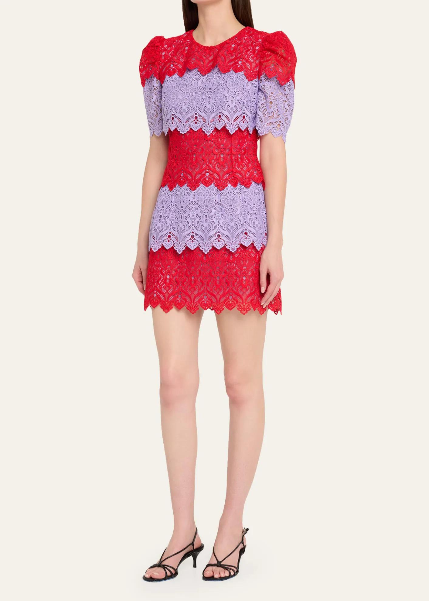 Carolina HerreraTiered Colorblock Lace Short-Sleeve Mini Dress