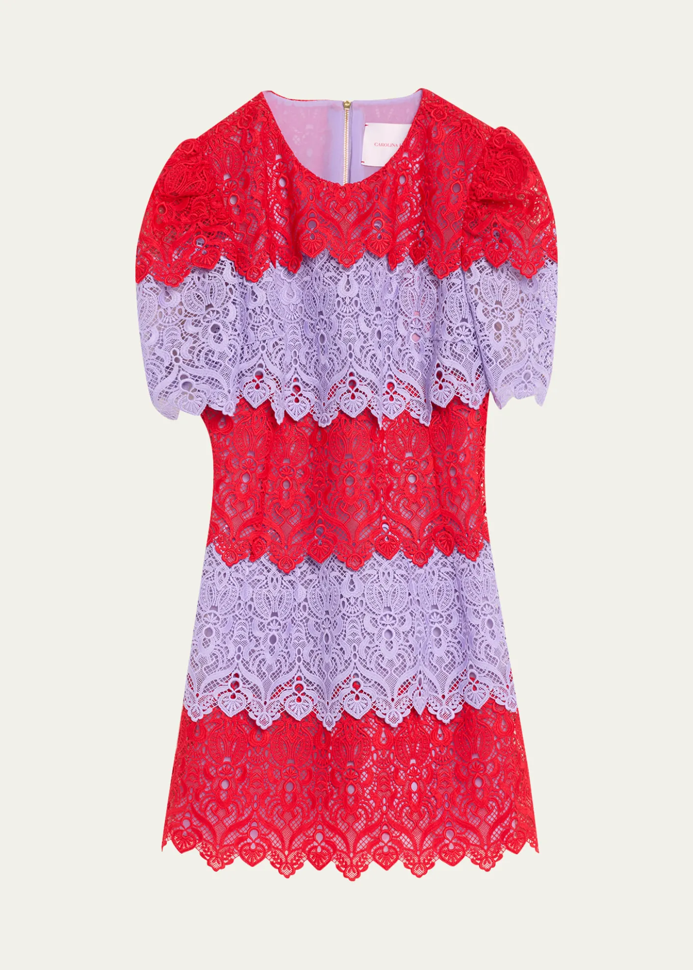 Carolina HerreraTiered Colorblock Lace Short-Sleeve Mini Dress
