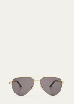 CartierMen's Half-Rim Metal Aviator Sunglasses with Logo