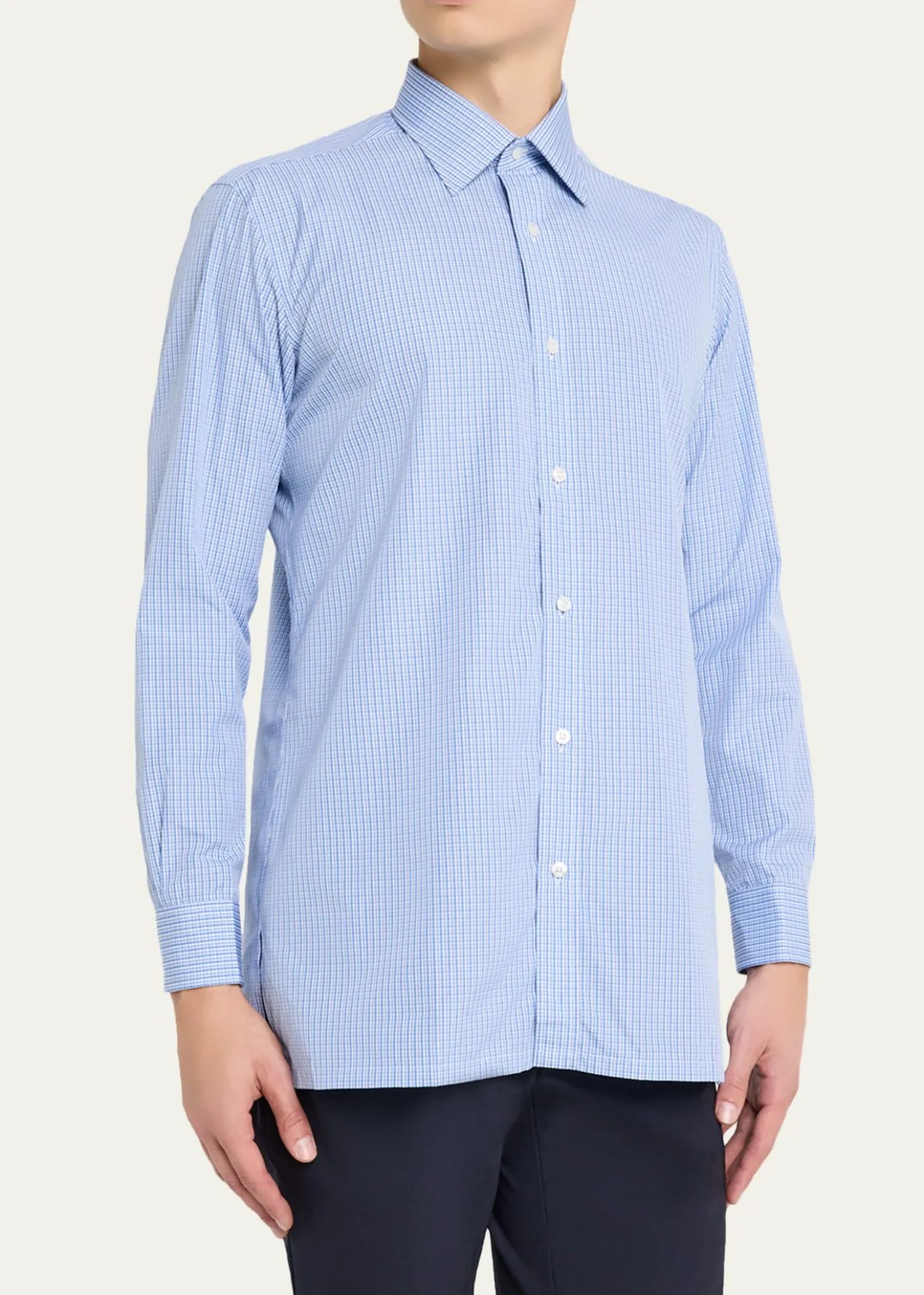CharvetMen's Cotton Point Collar Micro-Plaid Sport Shirt