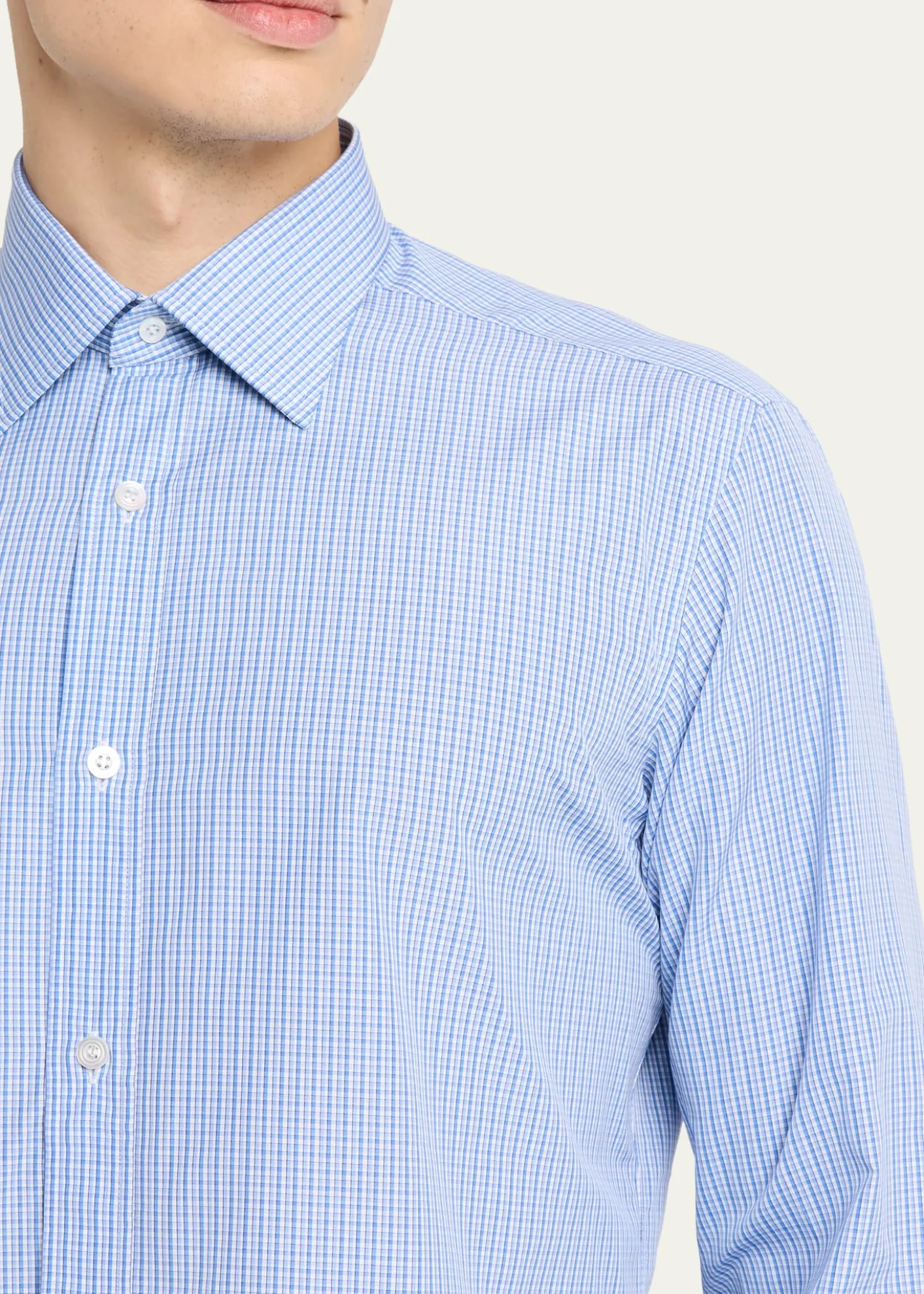 CharvetMen's Cotton Point Collar Micro-Plaid Sport Shirt