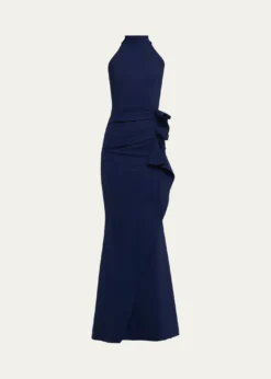 Chiara Boni La Petite RobeSide Ruched Halter Gown with Asymmetric Ruffle