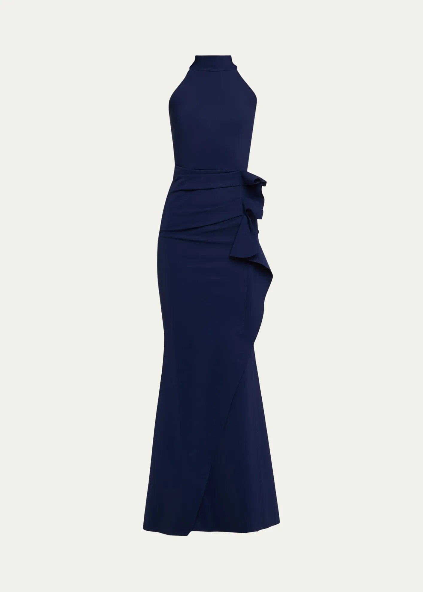 Chiara Boni La Petite RobeSide Ruched Halter Gown with Asymmetric Ruffle