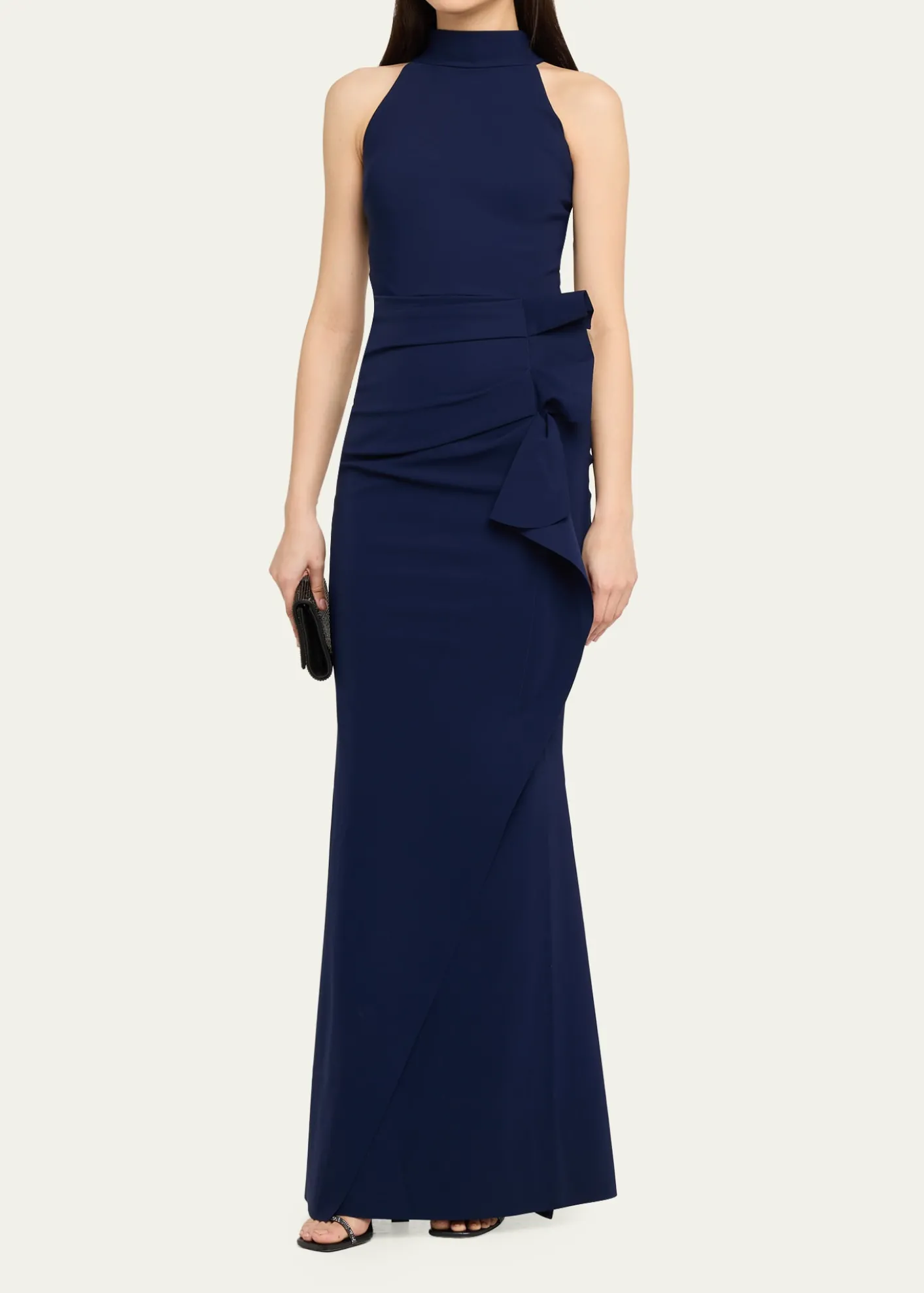 Chiara Boni La Petite RobeSide Ruched Halter Gown with Asymmetric Ruffle