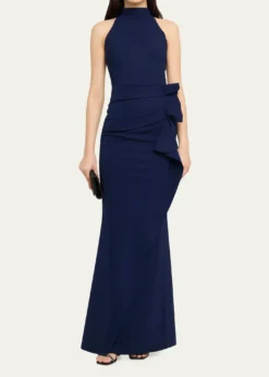 Chiara Boni La Petite RobeSide Ruched Halter Gown with Asymmetric Ruffle