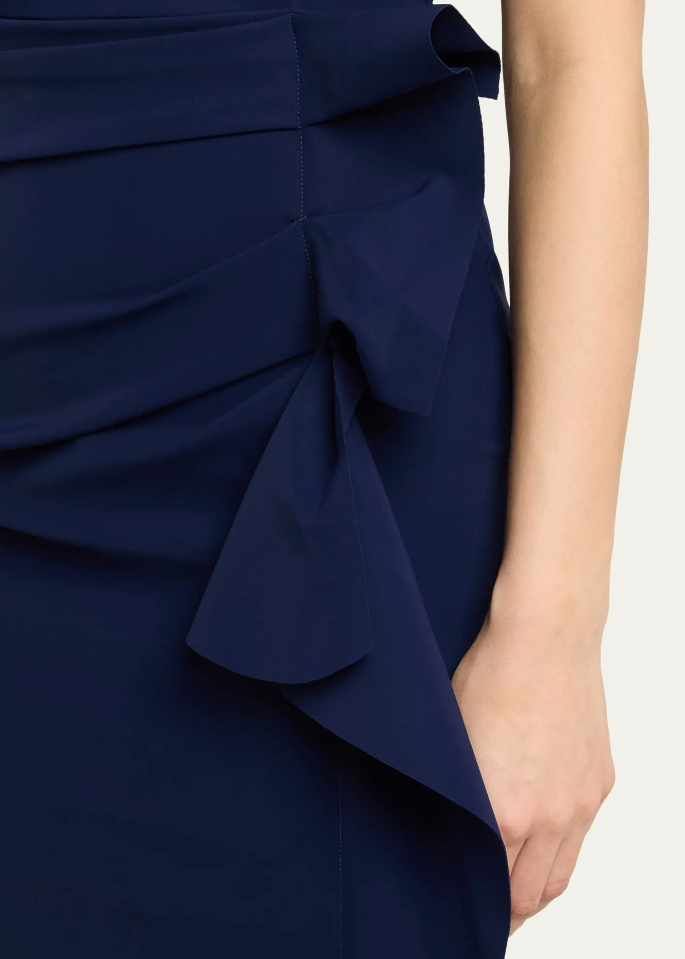 Chiara Boni La Petite RobeSide Ruched Halter Gown with Asymmetric Ruffle