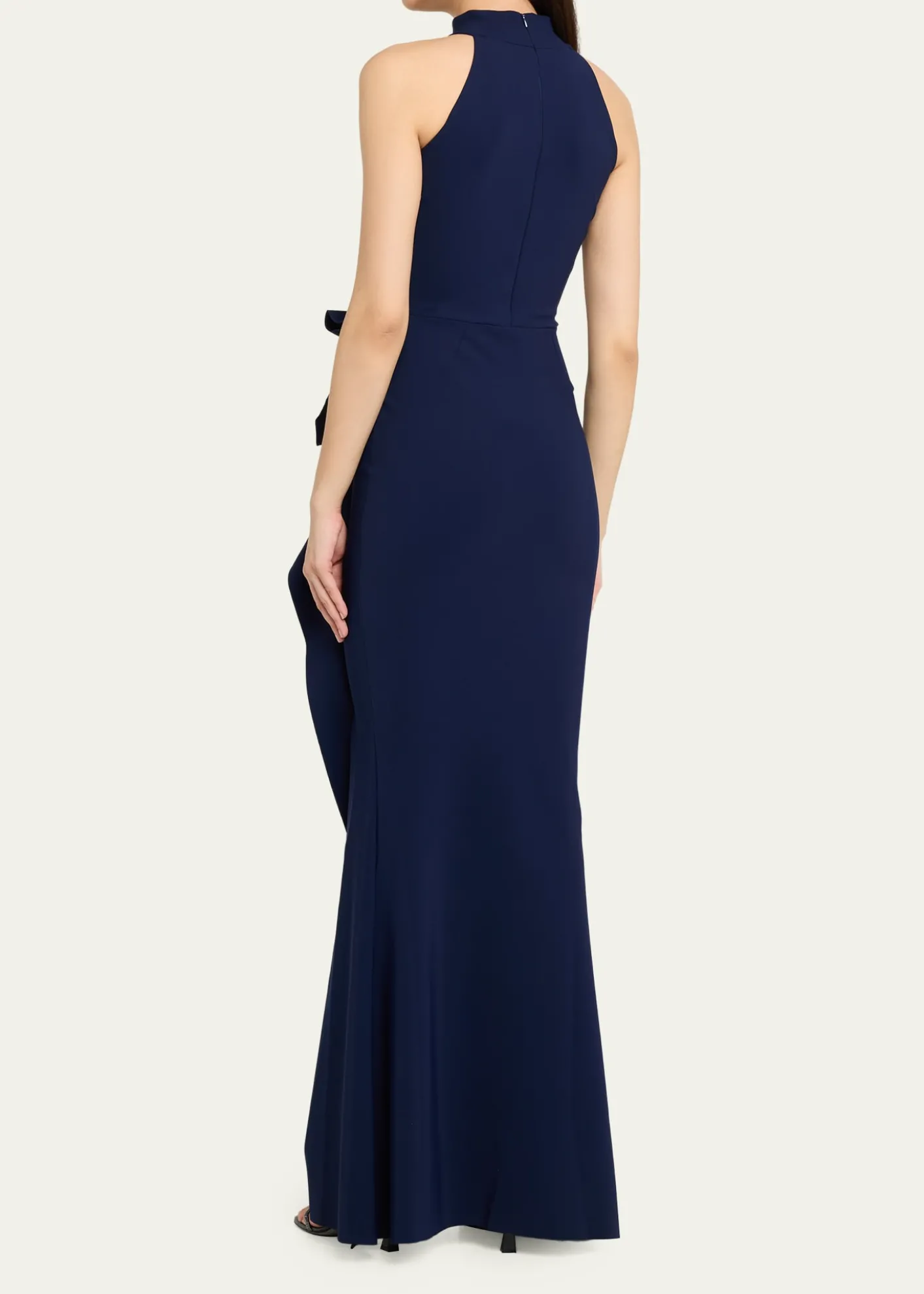 Chiara Boni La Petite RobeSide Ruched Halter Gown with Asymmetric Ruffle
