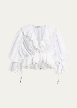 ChloeEyelet Cotton Ruffle Crop Peasant Blouse