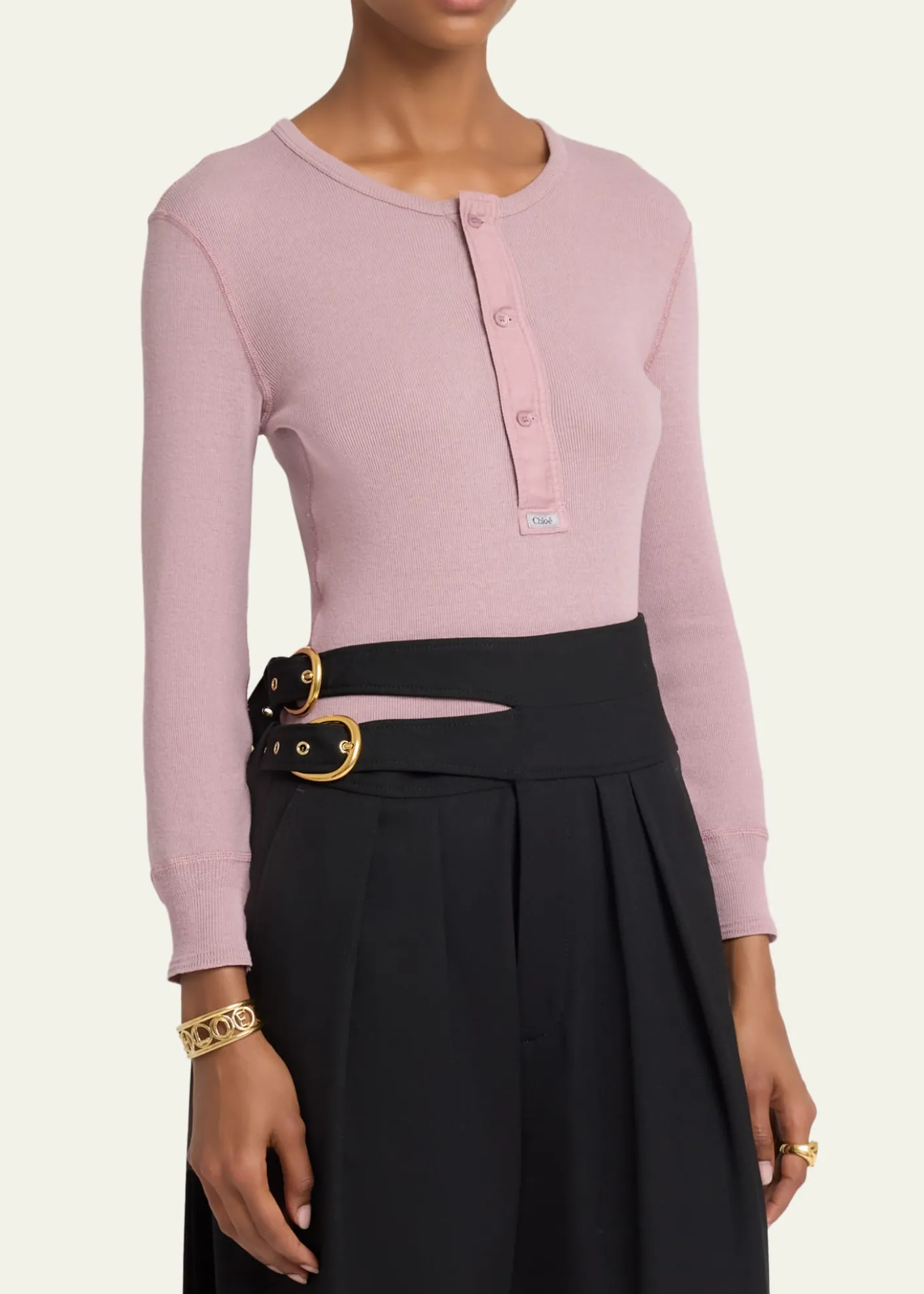 ChloeFlatlock Ribbed Jersey Henley Shirt