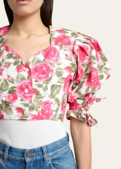 ChloeFloral Cotton Puff-Sleeve Button-Front Crop Top